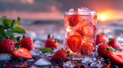 A glass of strawberry soda with ice cubes and strawberries on the table - Powered by Adobe