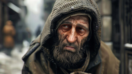Fototapeta premium Portrait of an elderly beggar man on the street. Homeless man in dirty clothes outdoors.