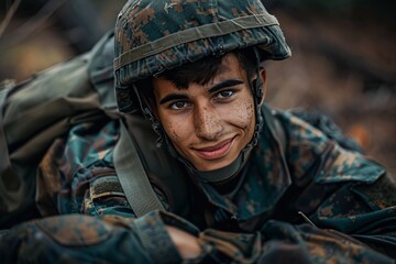 Fototapeta premium Soldier Poses in Military Uniform