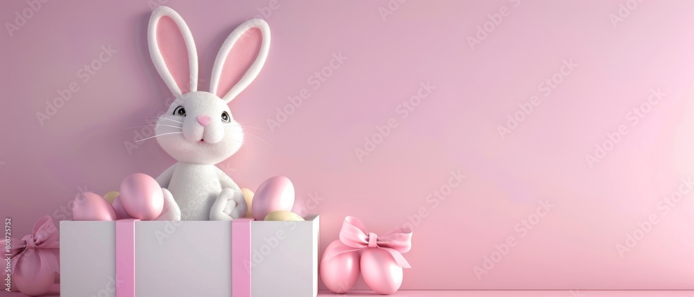 Wall mural Bunny with eggs in a white gift box. 3D rendering.