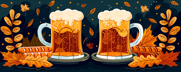 Pixel art of beer mugs with autumn leaves, perfect drinkware illustration