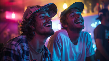 Obraz premium A smiling group of people are having fun at a night party. A group of friends kick back and relax at a discotheque in neon lighting. Fun and weekend concept.