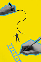 Creative abstract template collage of writing hands ladder man hang arrow fantasy billboard comics...