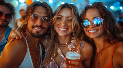 Portrait of young friends having fun at a retro disco, wearing stylish glasses and clothes. Concept of fun, relaxation. Active lifestyle.
