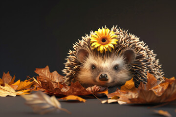 A hedgehog is wearing a yellow flower on its head