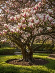 Flourishing magnolia tree stands in full bloom, with large pink, white petals basking in soft glow...