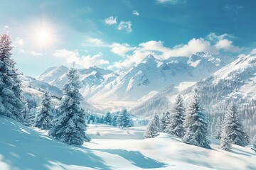 Snowy Landscape With Trees and Mountains