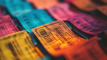 Colorful tickets for sale in a flea market, close up.