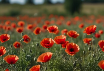 A patch of bright red poppies swaying in the wind, generative AI