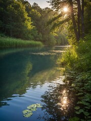 Fototapeta premium Serene river flows through lush forest, reflecting warm glow of setting sun peeking through foliage. This tranquil ambiance over water adorned with lily pads.