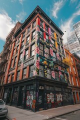 Fototapeta premium brick building New York style, covered in floral print graffiti, bold colors, grunge