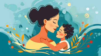 Illustration Of Mother Holding Baby In Arms. Happy Mother`s Day