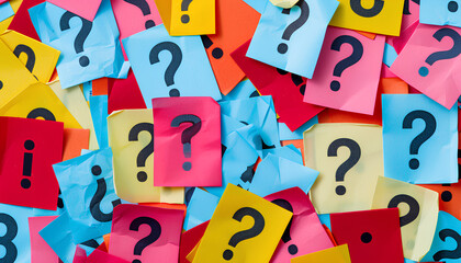Colorful papers with question marks as background