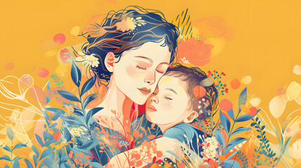 Illustration Of Mother Holding Baby In Arms. Happy Mother`s Day