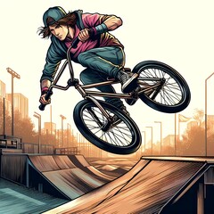 Obraz premium Extreme sports competitions: athlete on a BMX bike performs a trick in a high jump