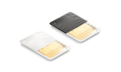 Blank black and white transparent cheese pack mockup, side view