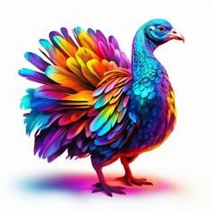 A multicolored turkey with bright feathers stands on a white background.