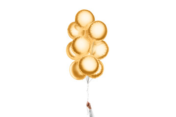 Hand holding blank gold round balloon bouquet mockup, isolated