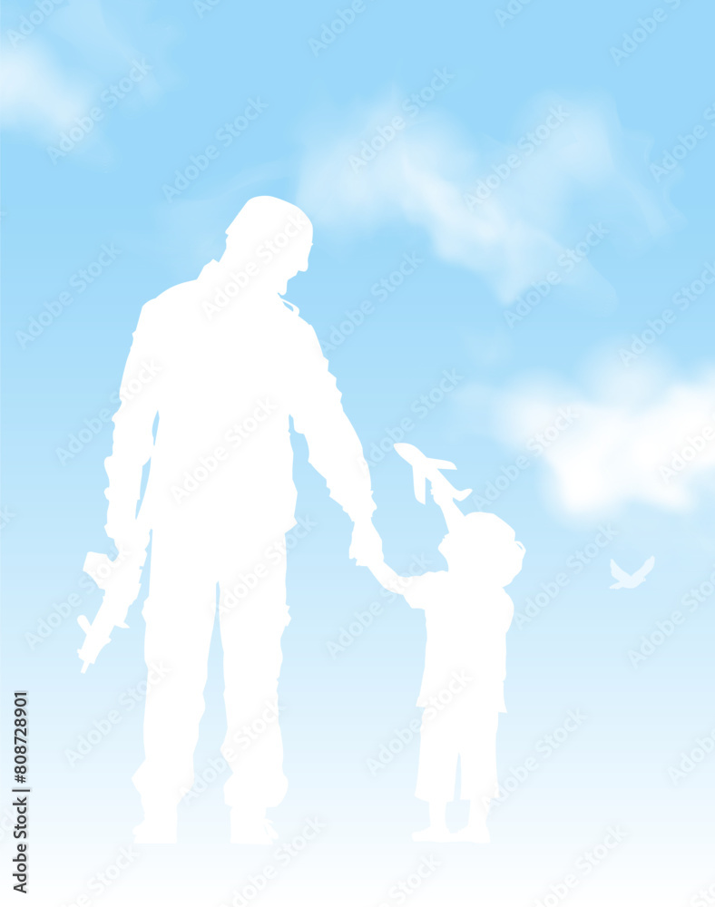 Wall mural Silhouette of a armed soldier holding little boy`s hand against the blue sky. Vector illustration