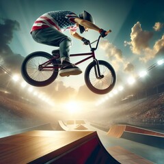 Obraz premium Extreme sports competitions: athlete on a BMX bike performs a trick in a high jump