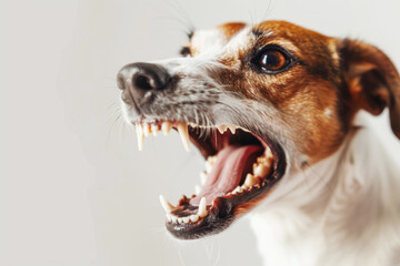 A close-up photo of an angry Jack Russell Terrier. The mouth of an angry dog with teeth.