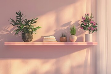 Modern pink shelfs on white wall with decorative items plants and book
