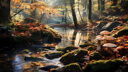 Agaricus mushrooms growing alongside a babbling brook with crystal clear waters, surrounded by autumn leaves.