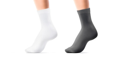 Blank black and white long socks tiptoe on leg mockup