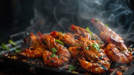 Grill Shrimp BBQ style mixed spicy ,ingredient set in black backgrount with smoke in studio lighting.