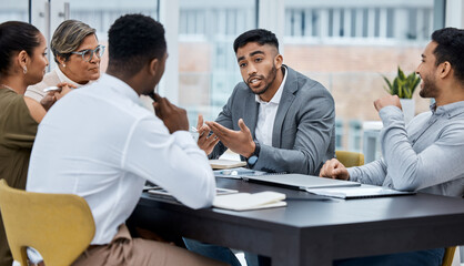 Team, meeting and discussion at table, collaboration or teamwork for project, planning and...