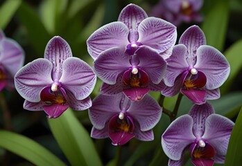 Purple orchids nestled among glossy green leaves, generative AI