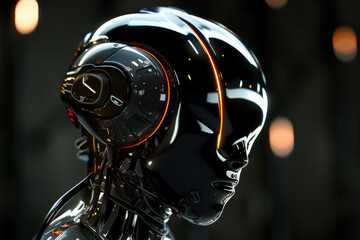 Fototapeta premium A robot head with a black and orange helmet