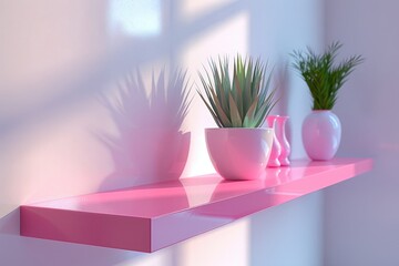 Modern pink shelfs on white wall with plant pots 