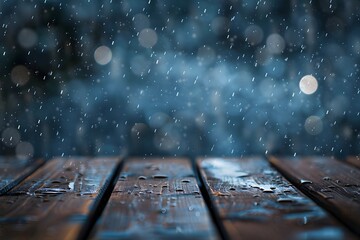 wooden table with rain drops falling on it. background for product mockup