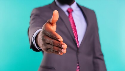 Welcoming businessman in dark suit and pink tie extends a hand against a turquoise background, embodying professionalism and warmth.