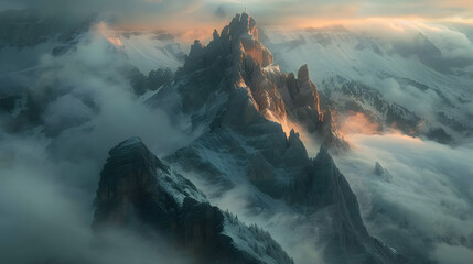 A photo featuring majestic mountains in a misty dawn. Highlighting the rugged peaks of the mountains, while surrounded by swirling clouds