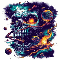Skull in space with planets, stars on grunge background.