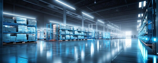 A large warehouse with blue shelves and a bright blue ceiling. The warehouse is empty and the lights are on