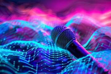 A modern microphone is surrounded by lots of reflective holographic lights, which have plenty of...