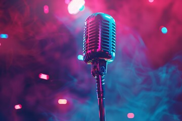 A modern microphone is surrounded by lots of reflective holographic lights, which have plenty of sparkling lights mixed with blue and purple lights.