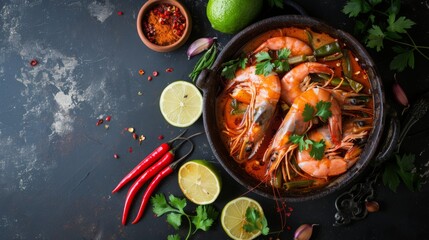 Hot and sour spicy shrimps prawns soup curry lemon lime galangal red chili straw mushroom on table food, Shrimp soup on seafood soup bowl with thai