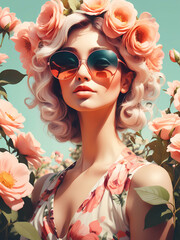 Fashionable young woman with sunglasses and flowers enjoying the beauty of nature