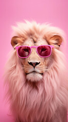 Contemporary collage lion head with pink mane in sunglasses. Fashion,artwork emotions, ad, sales, surrealism concept. Poster, banner and flyer. Look calm, and respectably