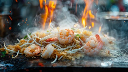 Hot stir fried Pad Thai with shrimp in Thai restaurant. Shrimp Pad Thai or Padthai fried noodles is famous street food