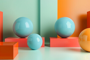 Colorful geometric shapes of smooth, shiny spheres on square platforms