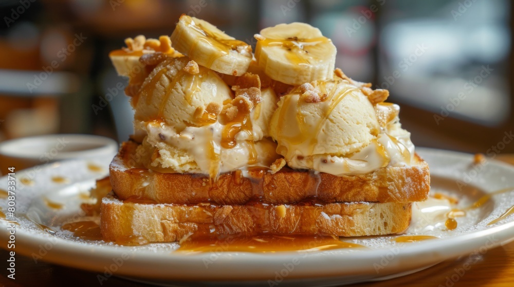 Poster ice cream on honey toast and banana