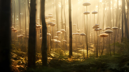 Agaricus mushrooms growing in a tranquil bamboo forest, with soft light filtering through the tall...