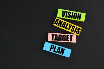colored paper with the words Vision, Analysis, Target & Plan. business strategy. 4 strategic pillars