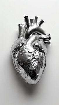 Generate a 3D rendering of a heart made of silver. The heart should be anatomically correct and have a shiny, reflective surface. The background should be a solid white.