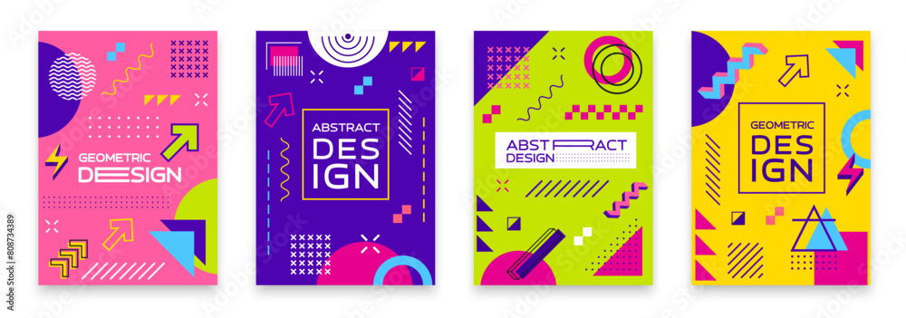 Poster Memphis abstract modern geometric posters with simple shapes and minimal figures, vector backgrounds. Memphis posters or cover templates with geometric figures and isometric shapes or line patterns